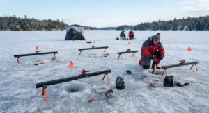 A productive day of ice fishing using multiple rail tip-ups spread across the ice.