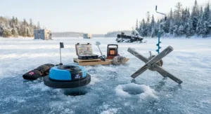 Side-by-side display of thermal and standard tip-ups ready for a Canadian ice fishing excursion.