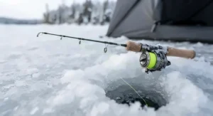 Close-up of an ice fishing rod equipped with high-visibility braided line for ice fishing.