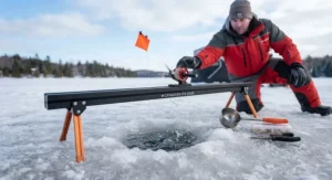 A triggered rail tip-up showing a successful strike during an ice fishing trip.