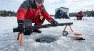 An angler carefully installing a rail tip-up over an ice fishing hole.