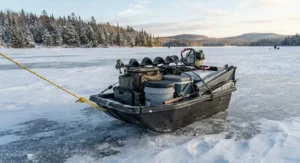 A plastic Jet Sled loaded with ice fishing gear and an auger on a frozen lake