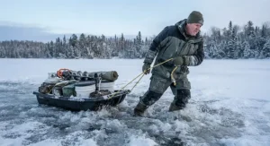 An angler pulling a heavy Jet Sled through heavy slush on a Canadian fishing trip
