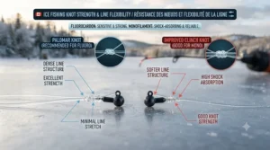 Close-up vector of fishing knots comparing flexibility and shock absorption in fluorocarbon vs monofilament ice fishing tackle.