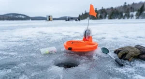 A high-visibility plastic tip-up deployed on thick ice, showcasing its lightweight and compact design.