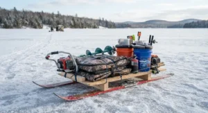 An ice fishing smitty sled fully loaded with a power auger, bucket, and shelter on the ice.