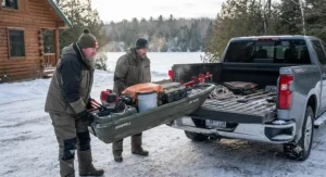 Loading a durable jet sled for ice fishing into the back of a pickup truck for a weekend trip.
