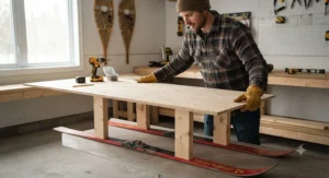 Attaching the main cargo platform onto the risers of a homemade ice fishing smitty sled.