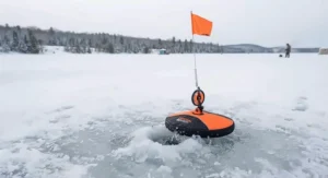 A high-visibility flag triggered on a thermal tip-up signaling a fish strike on a frozen lake in Manitoba.