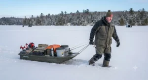 An angler pulling a jet sled for ice fishing across deep snow to a winter fishing spot.