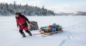 An angler pulling a custom smitty sled for ice fishing through deep snow on a frozen bay in Canada.