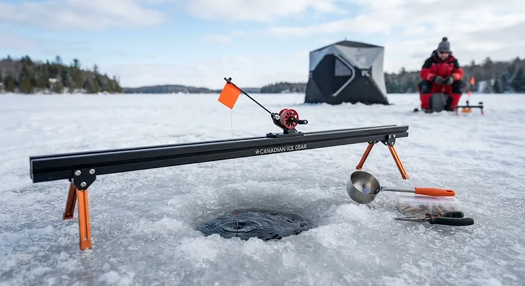 A complete rail tip-up setup prepared for ice fishing on a frozen Canadian lake. rail tip ups for ice fishing windlass tip up