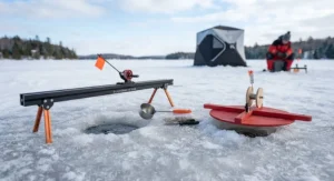 Side-by-side comparison of rail tip-ups and traditional tip-ups on the ice.