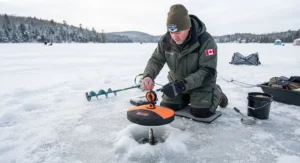 An ice fisher adjusting the tension and spool on a thermal tip-up targeted at catching lake trout in Northern Canada.