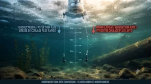 Cutaway view showing faster sink rates of fluorocarbon vs monofilament ice fishing lines when finesse jigging for deep-water perch.