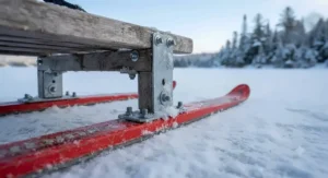 Close-up view of downhill ski runners attached to the bottom of a Smitty sled frame