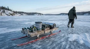 A stable Smitty sled navigating rough, wind-swept ice conditions on a Canadian reservoir