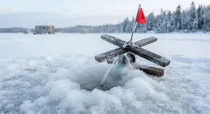 A standard wooden tip-up struggling with ice buildup around the hole in sub-zero temperatures.