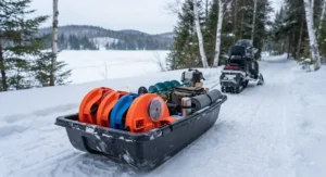 Compact plastic tip-ups packed neatly inside a utility sled for easy transport across snowy Canadian trails.