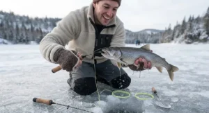 An ice angler holding a freshly caught lake trout, highlighting the strength and durability of braided ice fishing line.