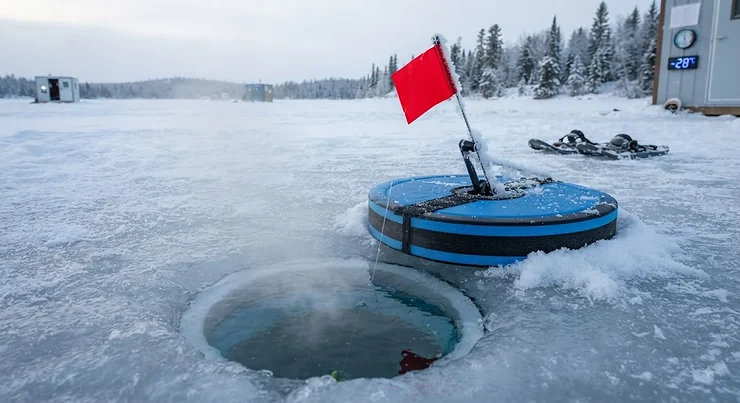 A thermal tip-up preventing hole freeze-up during a frigid Canadian winter day. thermal vs standard tip up