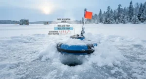 Thermal tip-up design with snow covering the base to demonstrate improved heat retention in icy conditions.