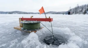 A winter ice fishing tip-up rigged with durable braided line for ice fishing on a frozen bay.