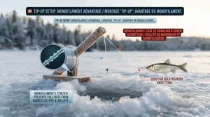 Illustration of a winter tip-up rig highlighting why monofilament is often chosen over fluorocarbon for cold-weather ice fishing management.