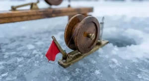 Close-up of the mechanical flag release and wooden spool on a traditional Canadian ice fishing tip-up.