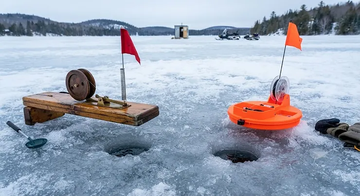 A side-by-side comparison of a traditional wooden tip-up and a modern plastic tip-up set up on frozen Canadian ice. wooden tip up vs plastic