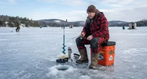 An angler sitting on an ice fishing bucket over a drilled hole on a frozen lake during winter.