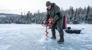 An ice angler wearing sturdy ice cleats while drilling a hole through thick ice in northern Ontario.
