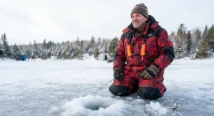 Ice angler wearing safety ice fishing picks securely around the neck for quick access on frozen lakes.