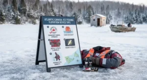 Safety checklist illustration for selecting and maintaining a reliable ice fishing flotation device in Canada.