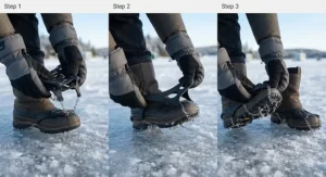 Step-by-step illustration showing how to secure ice fishing traction cleats onto winter boots.