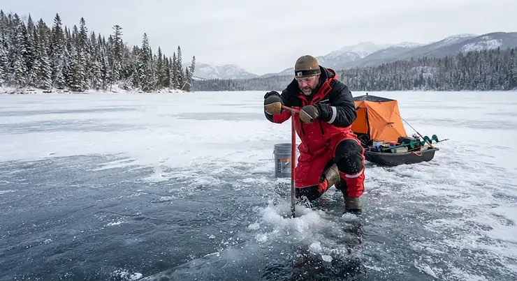 An angler testing ice thickness with the best ice spud bar on a frozen Canadian lake during winter.