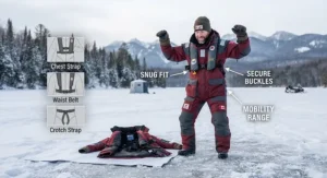 Proper fit guide for an adult ice fishing flotation device ensuring maximum buoyancy and mobility.