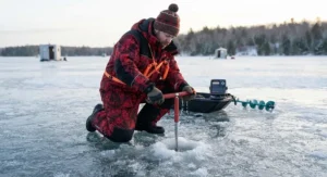 Angler checking ice thickness with an ice spud bar while wearing self rescue ice picks on a frozen Canadian lake.