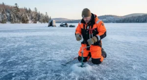 An ice fisher testing ice thickness before heading out, equipped with a safety suit and ice safety spikes.