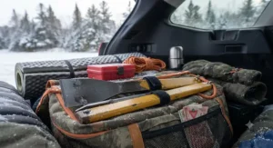 A portable, collapsible ice chisel for safety packed easily for a winter outdoor trip in Canada.