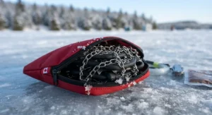 Compact ice fishing traction cleats folded inside a handy storage pouch for winter gear.