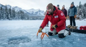 Outdoor instructor demonstrating proper use of ice safety spikes and emergency picks for Canadian winter safety.