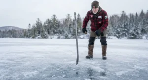Dropping an ice spud bar vertically onto frozen lake ice to test structural strength