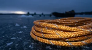 Close-up detail of a durable, reflective ice fishing rescue rope showing high-visibility strands designed for low-light winter conditions.
