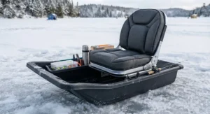 Close-up of an ergonomic flip-over seat integrated into a heavy-duty ice fishing sled for portable gear transport.
