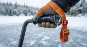 An ice spud bar featuring an ergonomic rubberized handle and a secure wrist strap for cold-weather safety.