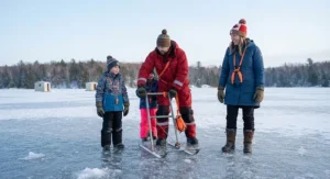 Family enjoying outdoor winter activities on frozen Canadian ice with safety gear like self rescue ice picks ready.