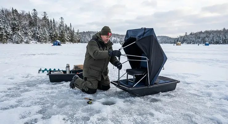 An angler setting up a flip-over seat ice fishing shelter on a frozen Canadian lake during winter.