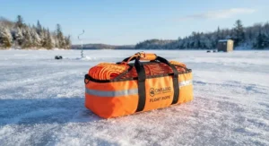 A bright orange floating ice fishing rescue rope throw bag resting on snow-covered ice in Ontario, ready for emergency use.