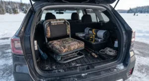 A compact, folding swivel ice fishing seat packed neatly alongside other ice fishing gear in a vehicle trunk.